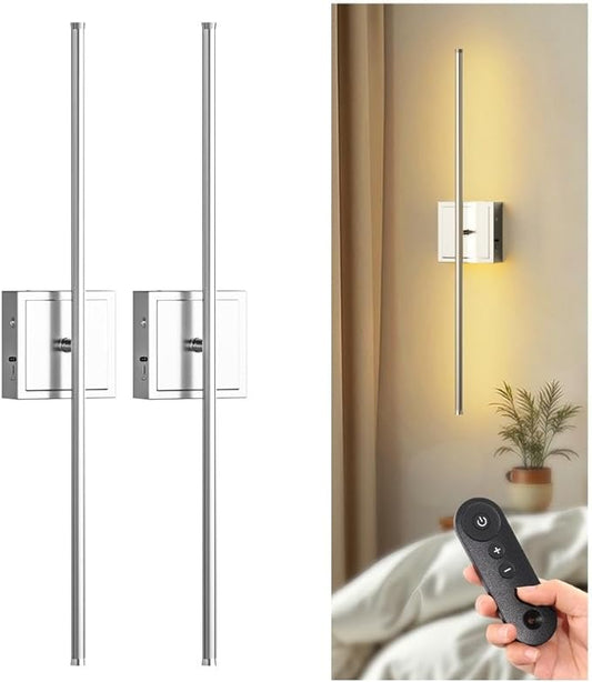 DORESshop Battery Operated Wall Sconces Set of Two with Remote Control, Rechargeable Wall Sconce, 350°Rotate Dimmable Wireless Wall Sconce for Living Room, Hallway, Bedroom, 28.1 Inch, Chrome(2 Pack)
