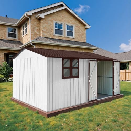 10 x 8 FT Outdoor Storage Shed, Metal Garden Tool Shed with Slooping Roof, Lockable Doors and Windows, All-Weather Weatherproof Blike shed for Garden, Patio, Lawn, White