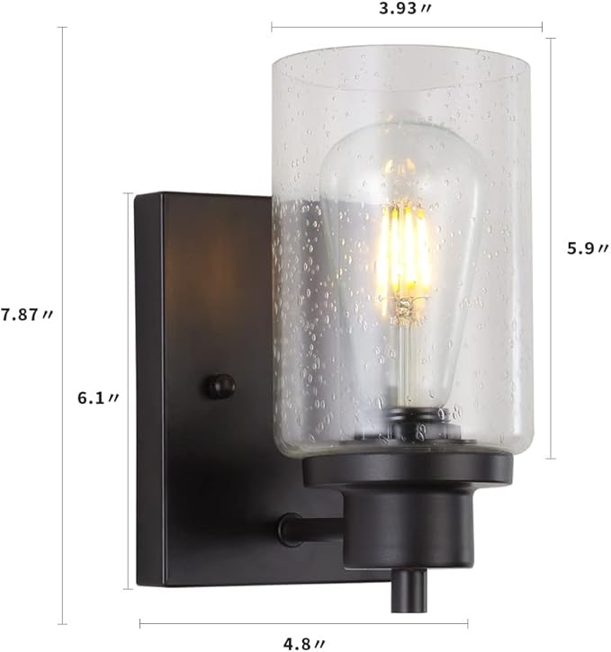 2-Pack Bath Vanity Light Fixtures Wall Sconces, Modern Indoor Bathroom Wall Lights with Seeded Glass, Black Wall Light Fixtures for Bedroom Mirror Kitchen Living Room Entryway Patio