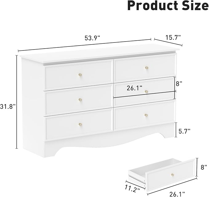 Bonzy Home White 6 Drawers Dresser, Modern Wide Chest of Drawers Dresser with Golden Handles, Wood Storage Organizer for Bedroom, Living Room, Hallway