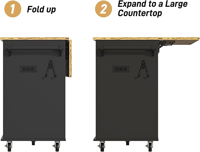 59" W Rolling Kitchen Island with Drop Leaf – Movable Kitchen Carts on Wheels Island with Storage Cabinet, Island Table for Kitchen with Rubber Wood Top and Rack and Drawer, Matte, Black