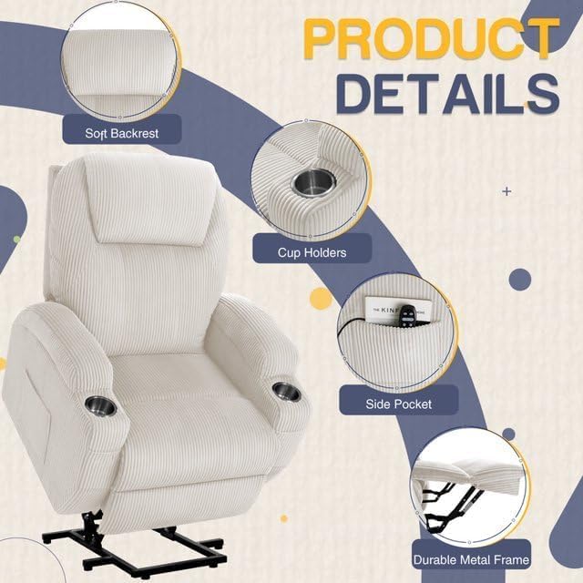 Electric Power Lift Recliner Chair with Massage for Elderly Corduroy Fabric Recliner Single Sofa with Cup Holders, Side Pockets and Remote Control for Living Room Bedroom (White)