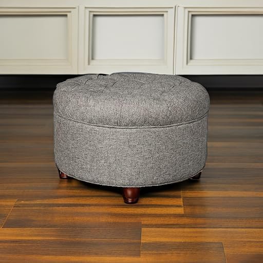Homepop Home Decor | Button Tufted Woven Round Storage Ottoman | Ottoman with Storage for Living Room & Bedroom (Dark Gray)