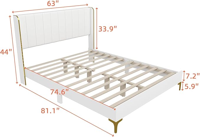 WOODTIME Queen Size Platform Bed Frame with Upholstered Heaboard, Modern Solid Wood Slat Support, Metal Legs, No Box Spring Needed, Easy Assembly, White