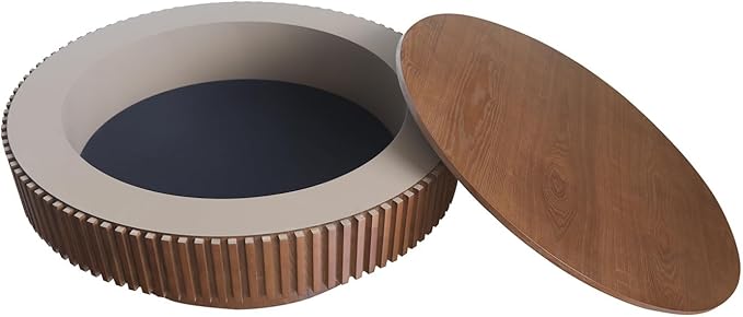 Round Coffee Table for Living Room, Accent Fluted Drum Coffee Table with Storage, Modern Solid Wood Veneered Circle Center Tea Table for Small Space Apartment (39.4''D×14''H-Walnut)