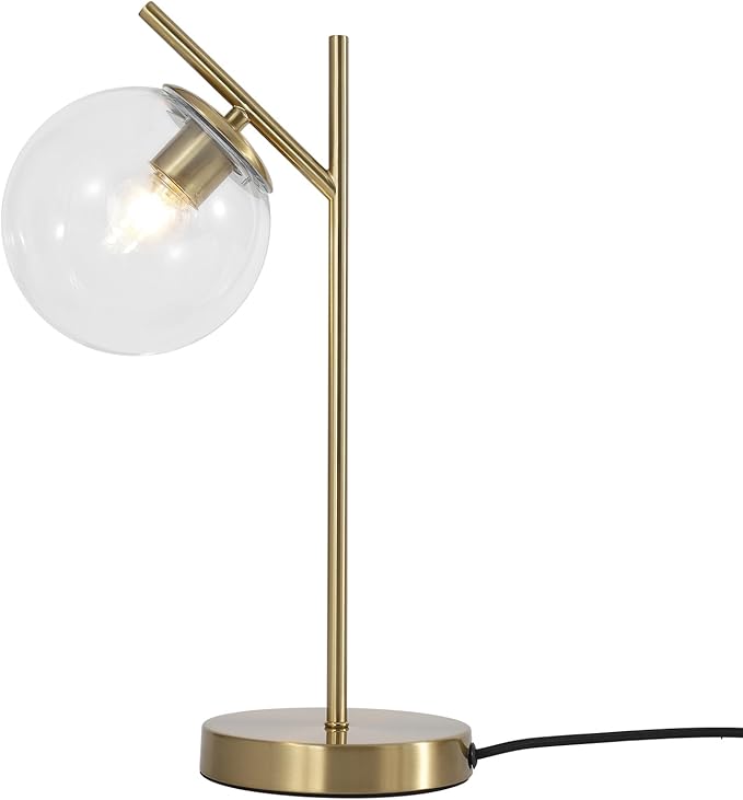 Mid Century Modern Table Lamp Contemporary Metal Brass Bedside Lamps with Clear Glass lampshade Gold Globe Nightstand Lamp for Bedroom Living Room Study Room
