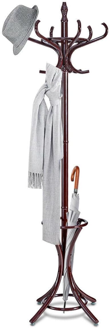 Tangkula 75.5" Standing Coat Rack, Wood Coat Tree with 12 Hooks, Home Hat Jacket Hanger Tree 12 with Umbrella Holder Coat Stand (Brown)