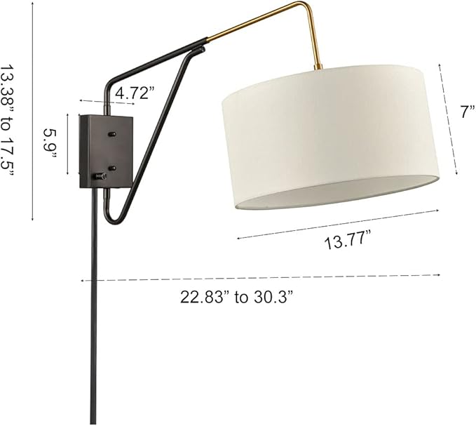 HOLKIRT Bedroom Swing Arm Wall Lamp Bedside Wall Sconce,Plug in/Wall Mount + Off-White Fabric Shade 13.77 Inch
