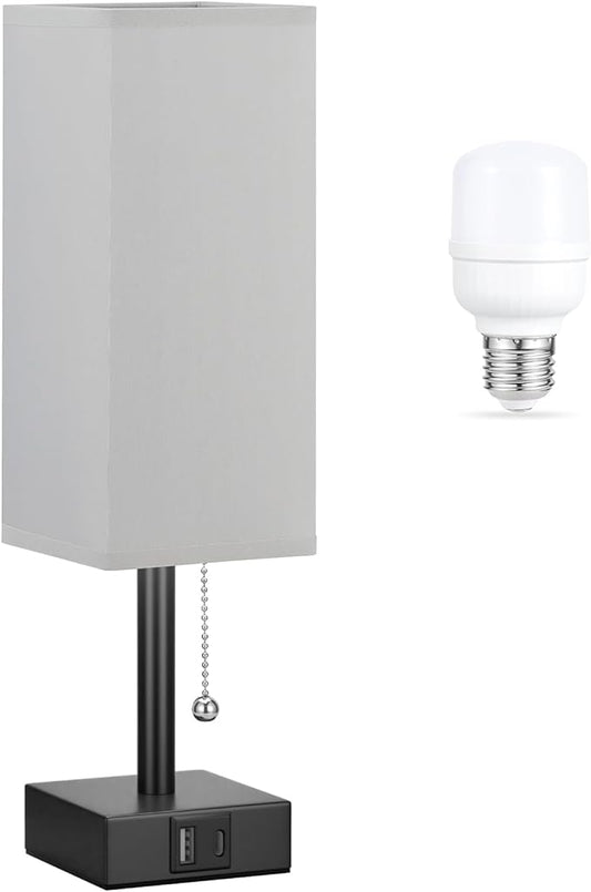 Gray Small Bedroom Lamp - 3 Color Temperature 3000K 5000K 4000K Bedside Lamp, Pull Chain Control, USB A and C Charging Ports, Black Base, for Kids Office Dorm, Bulb Included