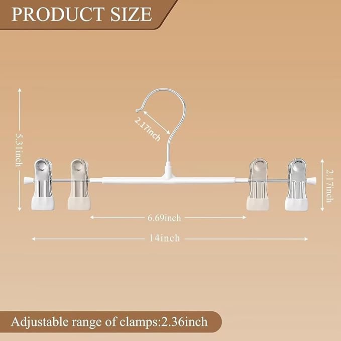 Pants Hangers with Clips 10 Pack Adjustable Skirt Hangers for Women Non-Slip Trousers Hanger for Jeans Clothes Hangers for Pants Heavy Duty Space Saving Shorts Hangers,White,14Inch