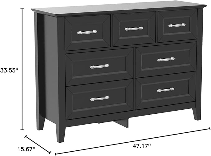 LINSY HOME Black Dresser for Bedroom, Long Dresser with 7 Drawers, Wood Chest of Drawers with Metal Handles, Ideal for Living Room, Entryway and Hallway