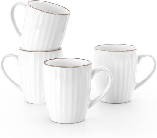 famiware Coffee Mugs Sets for 4, Eden 12 oz Mug Set, Coffee Cups with Handle for Coffee, Tea, Cocoa and Milk, Microwave and Dishwasher Safe, White Stripe
