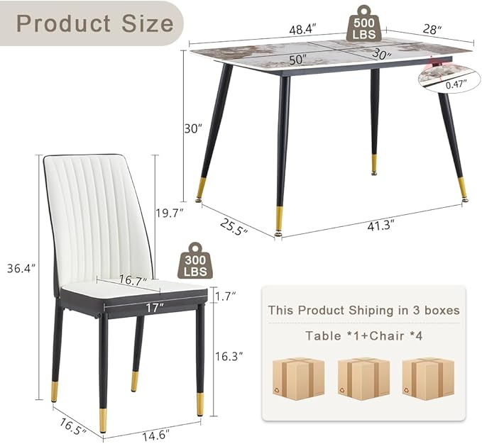 50" Modern Sintered Stone Dining Table Set 5 Pieces Rectangular Faux Marble Kitchen Table with 4 PU Leather Chair Dinner Set(1Faux Marble Table+4White Gray Chairs)