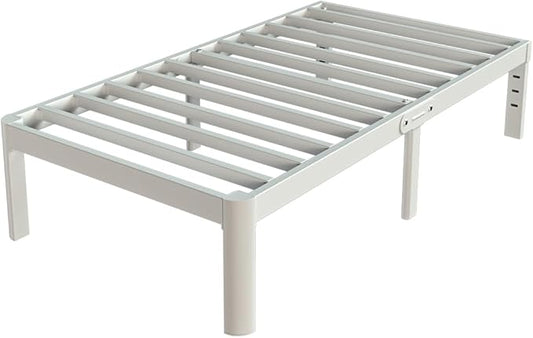 White Twin Size Bed Frames 16 Inch, Metal Platform Twin Bed Frame No Box Spring Needed, Heavy Duty Steel Support 3500 LBS, DIY Headboard, Round Legs, Noiseless, Storage Space, Easy Assembly