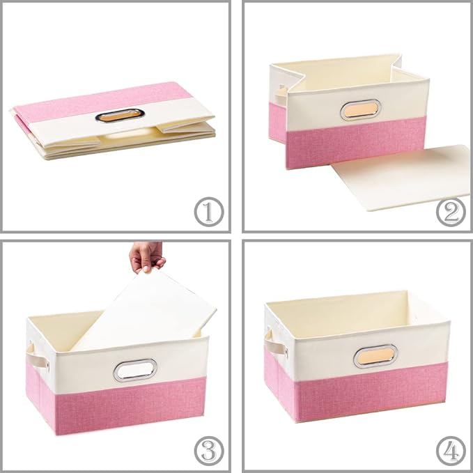 PRANDOM Large Collapsible Storage Baskets for Closet [3-Pack] Decorative Fabric Storage Bins Cubes with Leather/Metal Handles for Shelves Bedroom Living Room Pink&Cream (14.9x9.8x8.3 Inch)