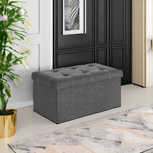 SONGMICS Mazie Collection - 30 Inches Ottoman Storage Bench, 21 Gal. Folding Chest with Breathable Linen-Look Fabric, Load up to 660 lb, for Entryway, Living Room, Bedroom, Dark Gray ULSF001G01