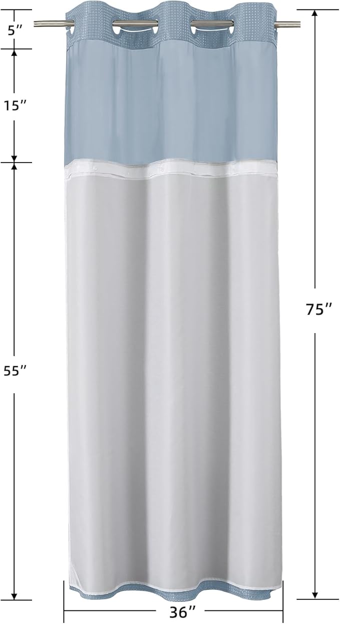 Colorful Star Small Stall Waffle Weave Shower Curtains, 256GSM Heavy Duty Shower Curtain with Snap in Fabric Liner, Hotel Style No Hook Waterproof Bathroom Curtain Set, 36 x 75 Inch, Fog Blue