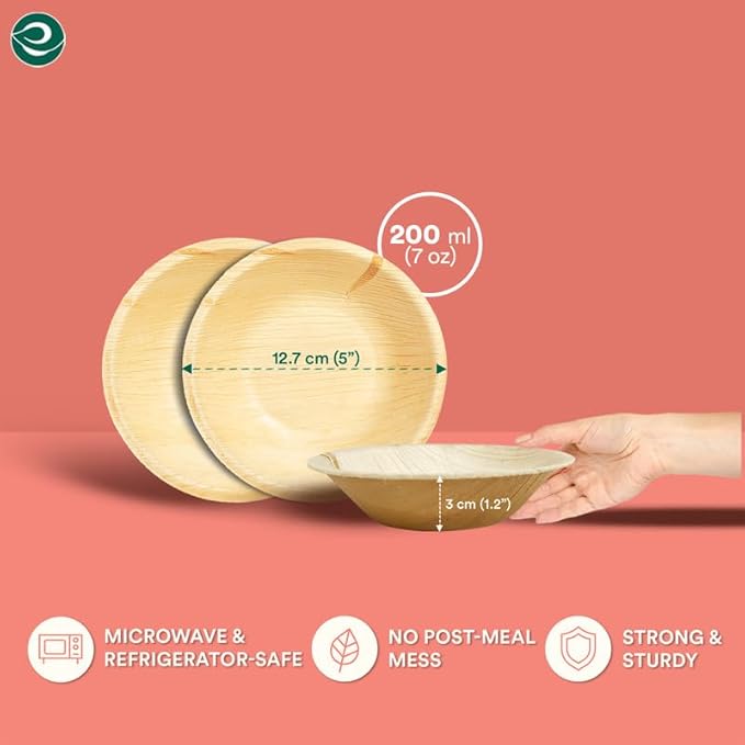 ECO SOUL Palm Leaf Bowl 100 pc, Small 5" (8 Oz) | Round Like Bamboo Bowls, Compostable, Biodegradable, Disposable Palm Leaf Bowls Eco-friendly | Sturdy, Microwave & Oven Safe