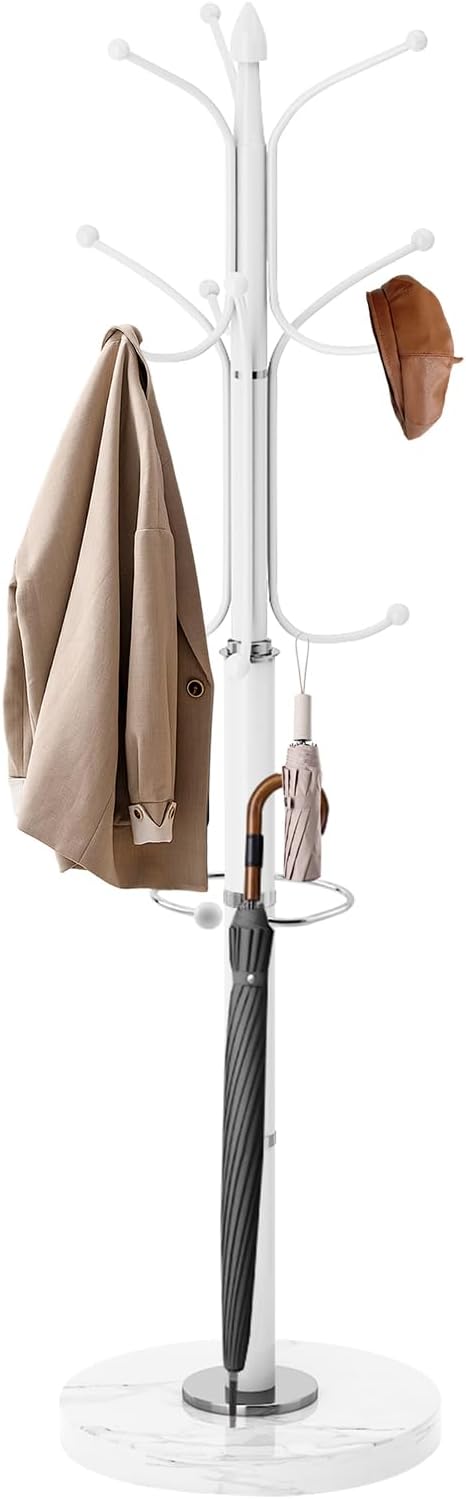 Metal Coat Rack with Natural Marble Base, Coat Rack Stand with 12 Hooks & Umbrella Holder, White Modern Freestanging Coat Racks, Coat Jacket Hanger Tree Stand for Corner Entryway Office