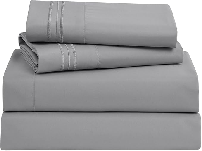 Clara Clark Bed Sheets, Premier 1800 Series Bed Sheet Set, Deep Pocket, Wrinkle, Fade, Stain Resistant, Luxury Soft Bedding Sheets & Pillowcases, Split King, Frost Grey