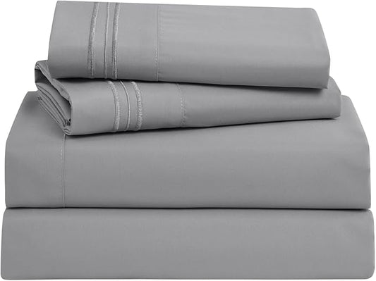Clara Clark Bed Sheets, Premier 1800 Series Bed Sheet Set, Deep Pocket, Wrinkle, Fade, Stain Resistant, Luxury Soft Bedding Sheets & Pillowcases, Split King, Frost Grey