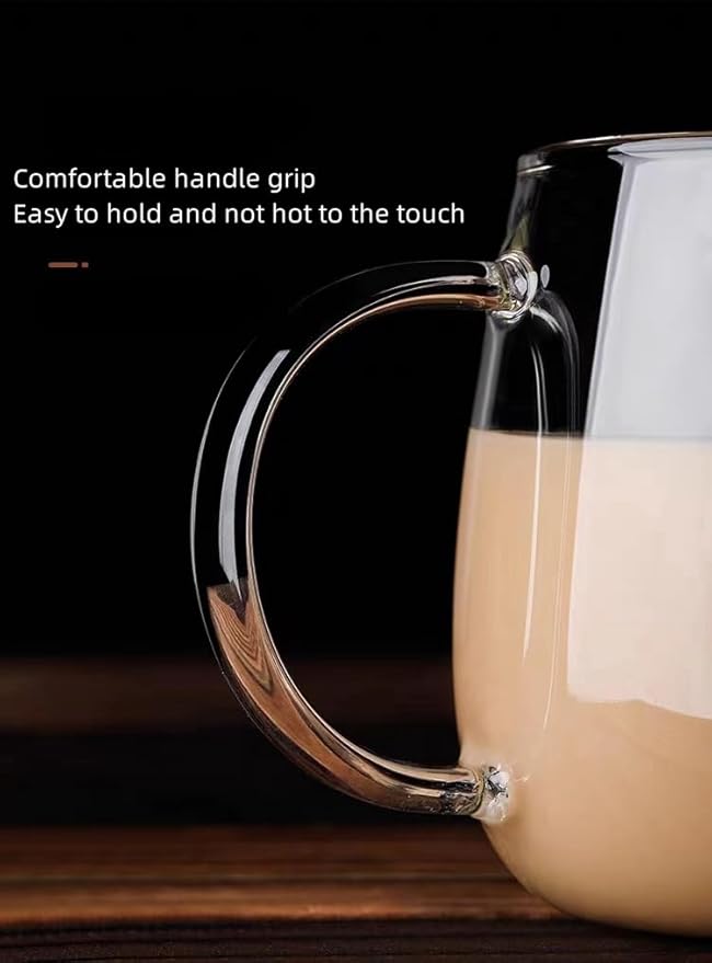 Coffee Cup Set of 4, high borosilicate glass cups, clear glass coffee cups, large glassware set, 16 ounce glass cups with handles, can also be given as gifts