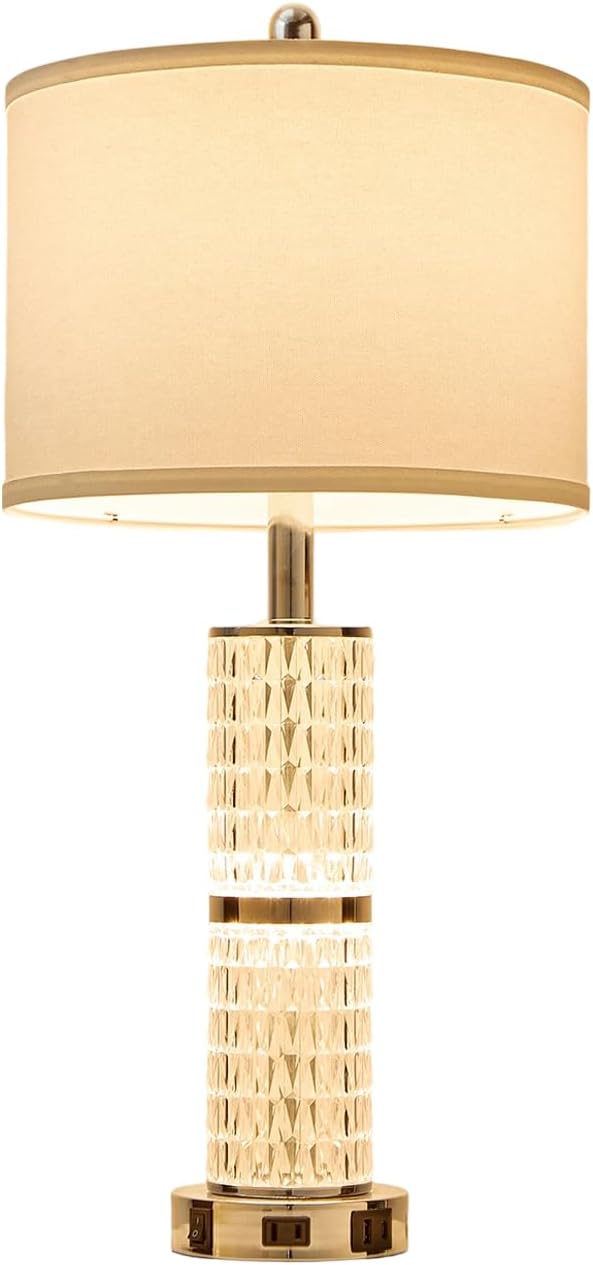Crystal Table Lamp, Modern Touch Lamp with Nightlight, 3-Way Dimmable Bedroom Lamp with 2 USB Ports & AC Outlets for Living Room Bedside Nightstand Lamp