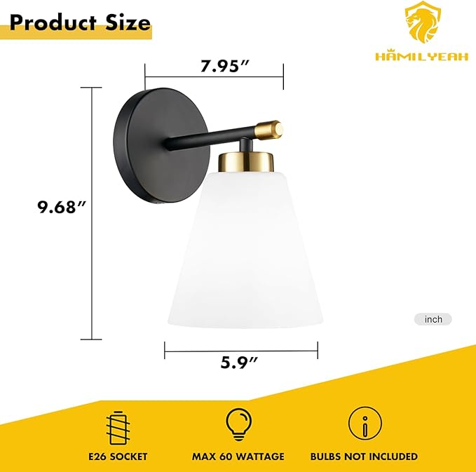 Hamilyeah Black and Gold Wall Sconces Set of 2, Modern Industrial Bathroom Sconces Wall Lighting with Milk Glass Shade, Wall Sconce Lighting Fixture for Living Room, Kitchen, Fireplace, Hallway