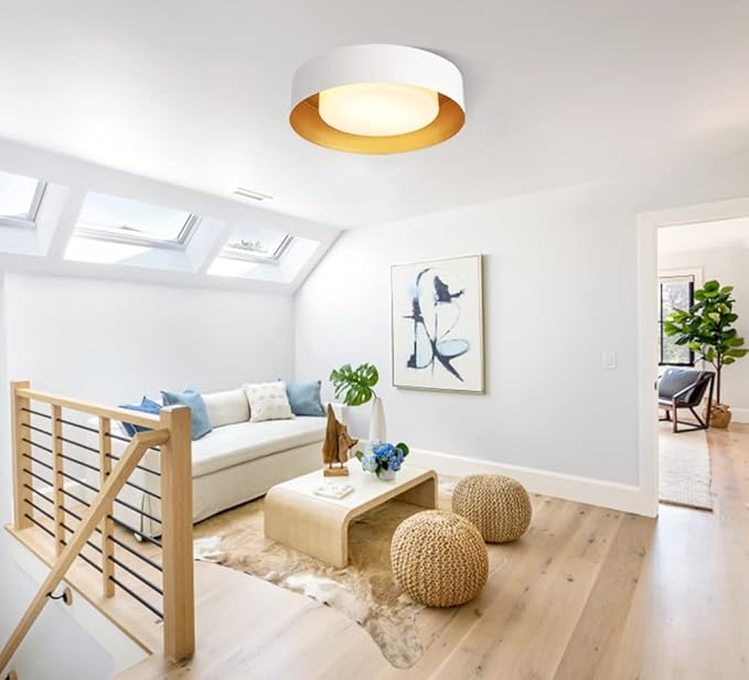 Modern Flush Mount Ceiling Light,Minimalist Close to Ceiling Lighting Fixture,White and Gold Flush Mount Light Fixture forBedroom,Entry, Hallway,Balcony, Bathroom (16.5'')