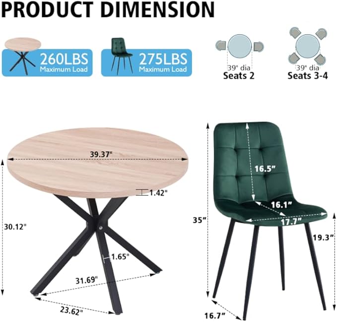 39" Round Dining Table Set for 4, Mid Century Kitchen Table with 4 Green Velvet Upholstered Dining Chairs for Apartment Living Room Space Saving