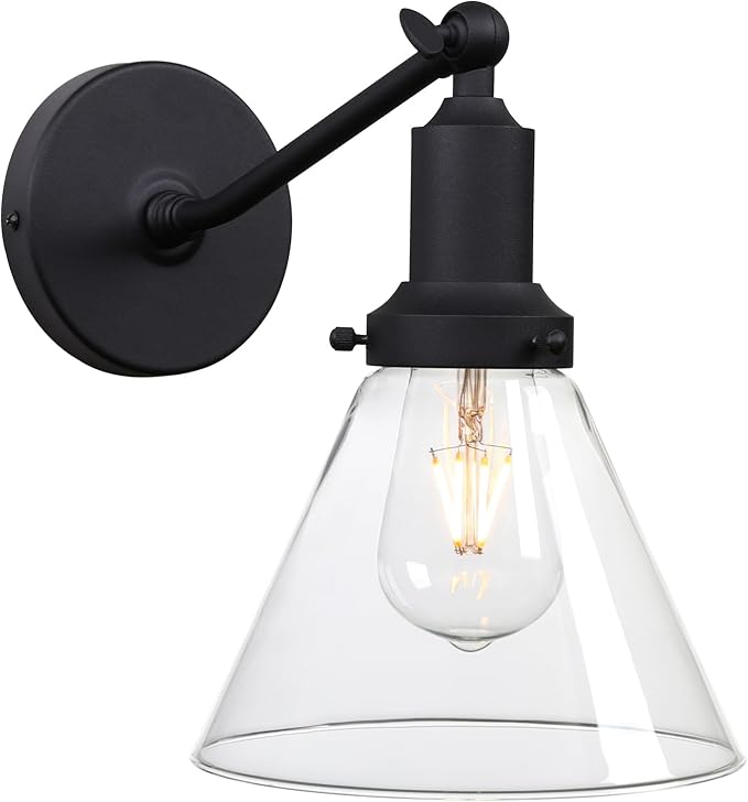 PERMO Industrial Vintage Slope Pole Wall Mount Single Sconce with Funnel Flared Clear Glass Shade Wall Sconce Light Lamp Fixture (Black)