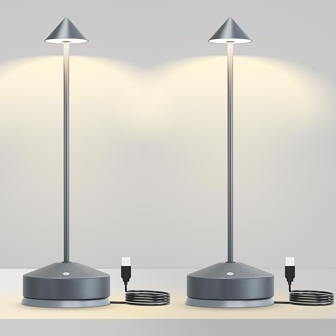 Rechargeable Table Lamp for Bedroom, 3-Level Dimmable Beside Touch Lamps Portable Battery-Operated Desk Light for Nightstand, Living Room, Dining, Office, Outdoor(Grey, Two-Piece)