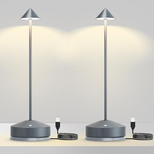 Rechargeable Table Lamp for Bedroom, 3-Level Dimmable Beside Touch Lamps Portable Battery-Operated Desk Light for Nightstand, Living Room, Dining, Office, Outdoor(Grey, Two-Piece)