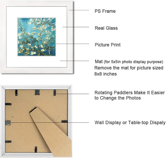8x8 Picture Frame Set of 6 with Real Glass for Pictures 5x5 with Mat or 8x8 Without Mat, Wall Mounting or Tabletop display Photo Frames in White