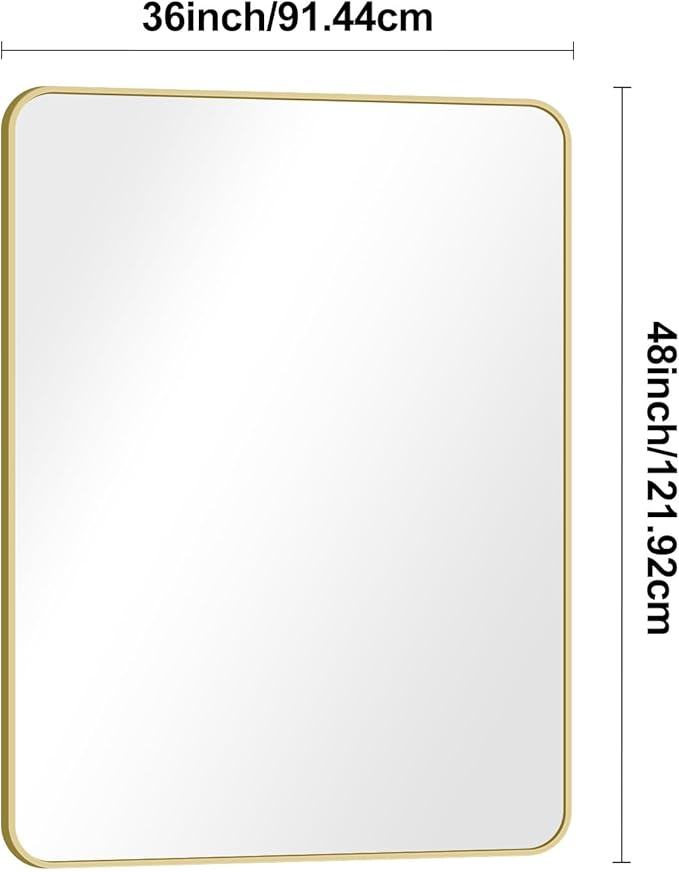 BONEWEI Gold Bathroom Mirror,36x48 inch Wall Mirror for Bathroom Wall Mounted,Round Rectangle Mirror for Bathroom Over Sink,Modern Frame for Home Decor Living Room,Bedroom Entryway,Horizontal/Vertical