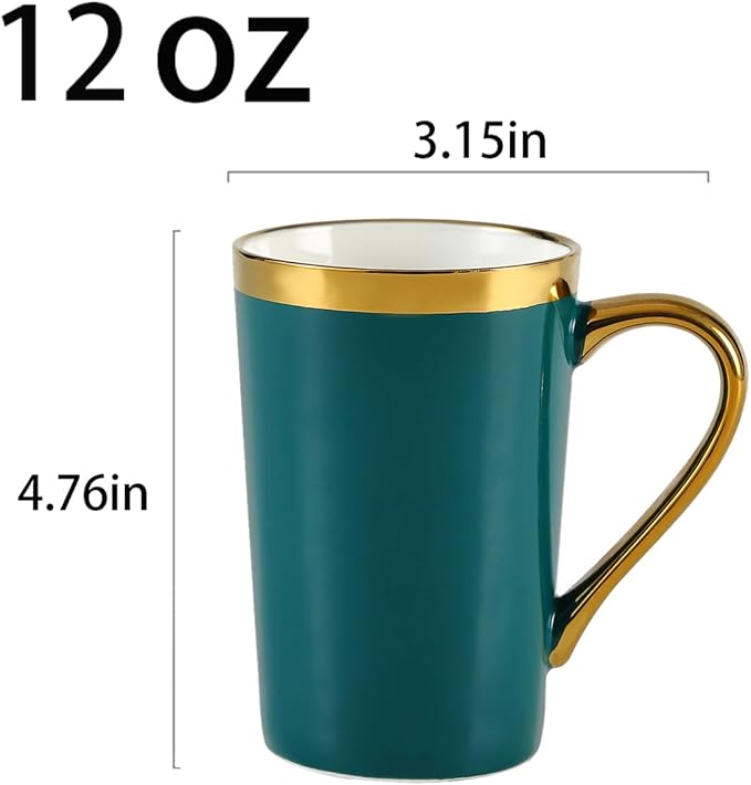 Coffee Mugs,12OZ Ceramic Coffee Mugs Set of 6,Cups with Large Handles for Men Women, Porcelain Big Mug for Tea Latte, Housewarming Wedding Gifts(green and gold)