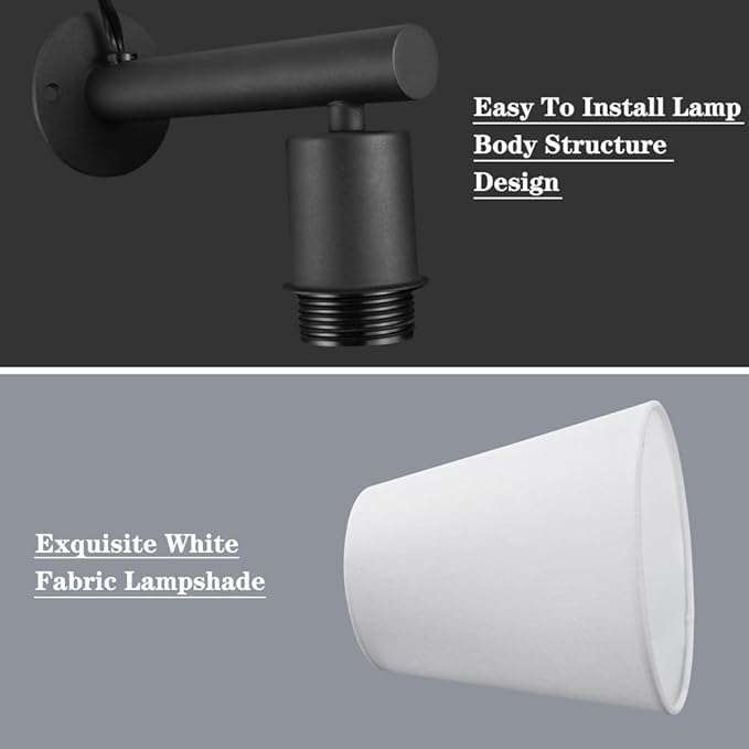 Black Plug in Wall Sconces Set of Two, Wall Lamp with Plug in Cord On/Off Switch, Black Wall Sconce Light Plug in, Bedside Wall Mounted Light with Fabric Linen, Wall Decor for Bedroom Living Room