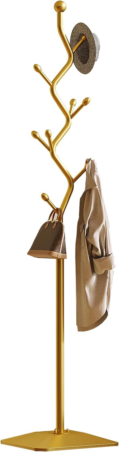 Coat Rack Freestanding gold Coat Tree with 8 Hooks, Creative Design Tree Branch-look, Standing Coat Rack Coat Hanger Stand with Stury cast iron Base for Entryway, Hallway, Bedroom (gold)