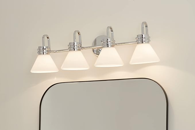 KICHLER Farum 34" 4-Light Vanity Light with Opal Glass in Chrome for Single or Double Vanity, Over a Mirror, Powder Room, Bathroom, (34" W x 9.5" H), 55156CH