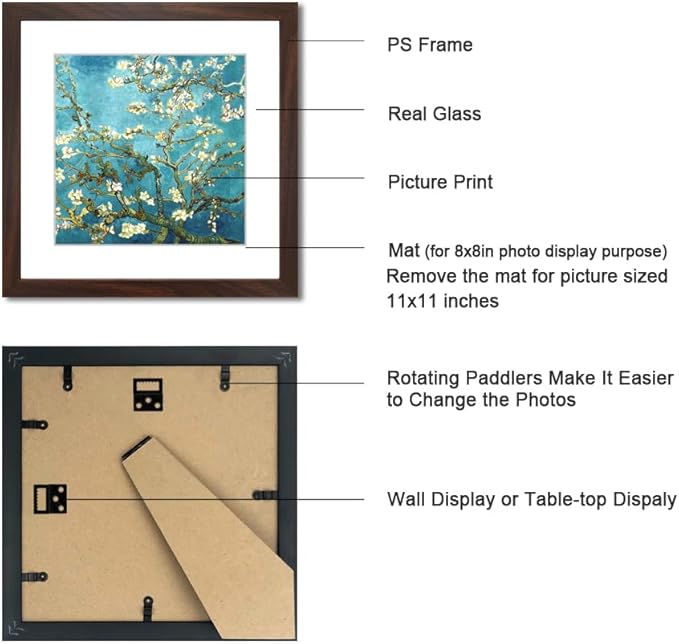 11x11 Picture Frame Set of 6 with Real Glass for Pictures 8x8 with Mat or 11x11 Without Mat, Wall Gallery or Tabletop display Photo Frames in Walnut