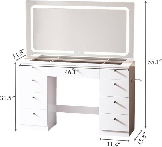 Makeup Vanity Desk with Mirror - 46 INCH Glass Tabletop Vanity Table with Lights, Drawers, Power Outlet, Large Storage Desk for Bedroom, White