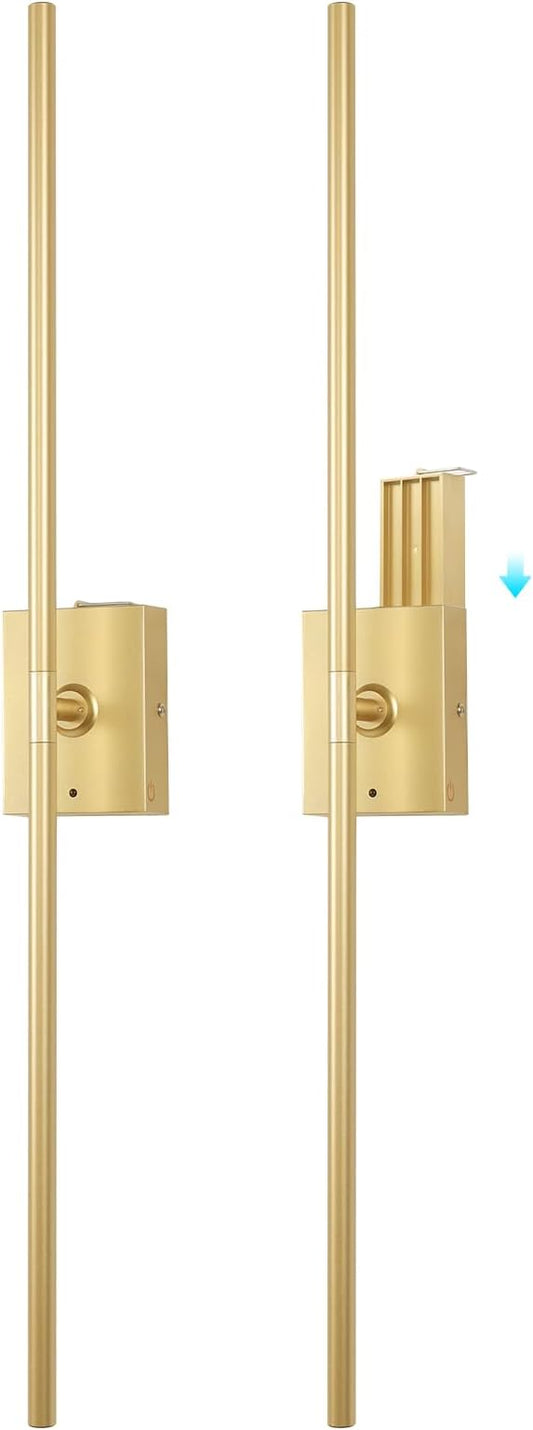 Battery Operated Wall Sconce Set of 2, 5000mAh Rechargeable Wall Sconces with Detachable Battery, Indoor 350°Rotate Wall Lights for Bedroom Living Room, Gold, 31.5 Inch