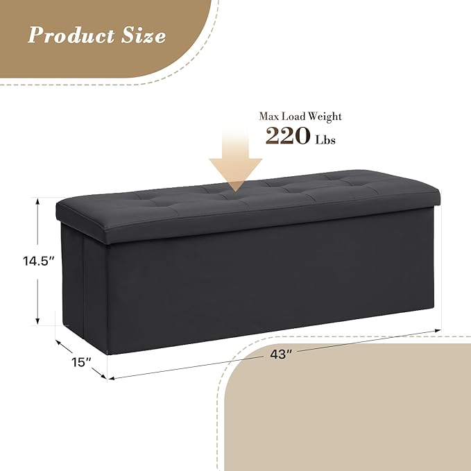 Athena Collection Leather Ottoman Bench with Storage, 43 Inches Large End of Bed Storage Ottoman Bench, 130L Load 220 Lbs Foot Rest for Bedroom, Living Room, Entyway, Black