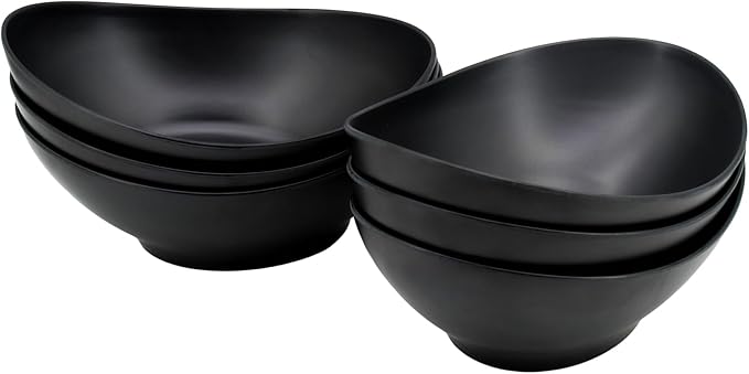 Oval Salad Bowls 34oz, Bamboo Fiber Serving Bowls Set of 6, 8.8" Large Bowls for Kitchen Eating & Restaurant, Deep Soup Bowls Set for Salad, Fruit,Pasta,Vegetable, Ramen, Dishwasher Safe, Black