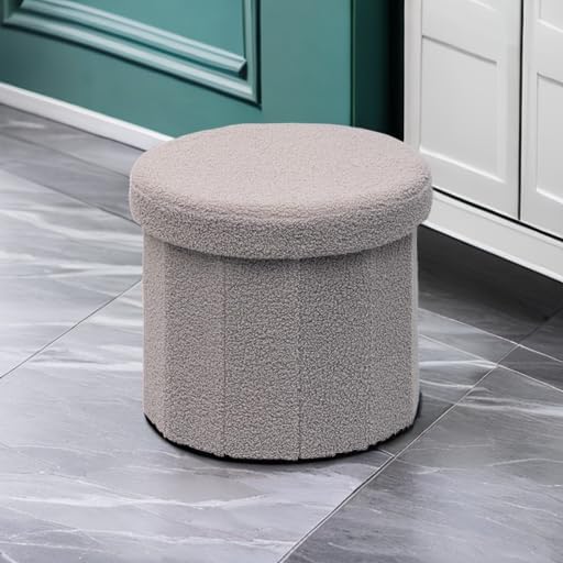 B FSOBEIIALEO Storage Ottoman Cube, Round Ottomans with Storage Foot Stool Footrest for Lving Room, Boucle Ottoman Seat for Dorm Room,Faux Teddy Fur, Grey 15"x15"x15"