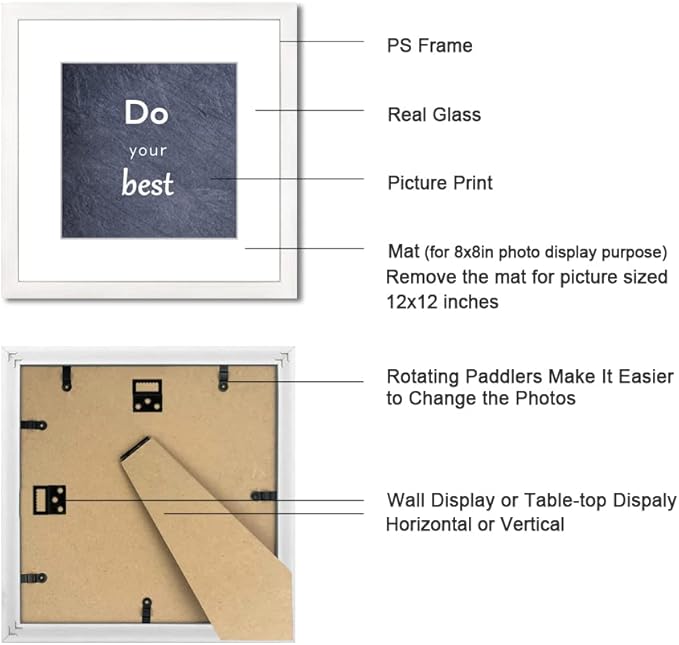12x12 White Picture Frame Set of 3 for Pictures 8x8 with Mat or 12x12 Without Mat,Wall or Tabletop Gallery Photo Frames with Real Glass