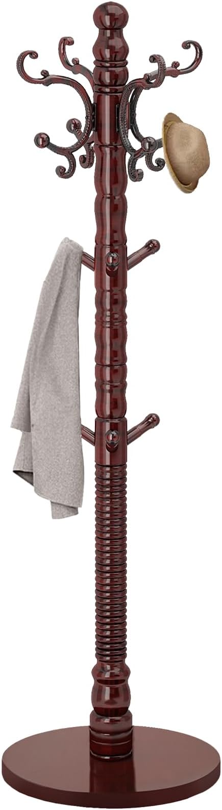 Wood Coat Rack Stand, Wooden Coat Rack Freestanding with Sturdy Round Base, Vintage Coat Racks with 14 Hooks, Natural Birch Wood Entryway Coat Tree Hanger Stand Easy to Assemble