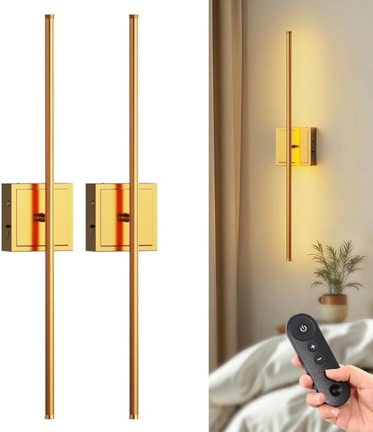 DORESshop Battery Operated Wall Sconces Set of Two with Remote Control, Rechargeable Wall Sconce, 350°Rotate Dimmable Wireless Wall Sconce for Living Room, Hallway, Bedroom, 28.1 Inch, Brass(2 Pack)