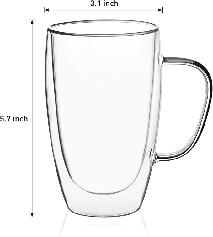 Espresso Cups Set Of 2 15 Oz, Double Walled Glass Coffee Mugs with Handle,Insulated Layer Coffee Cups,Clear Borosilicate Glass Mugs,Perfect for Cappuccino,Tea,Latte,Espresso,Hot Beverage,Wine