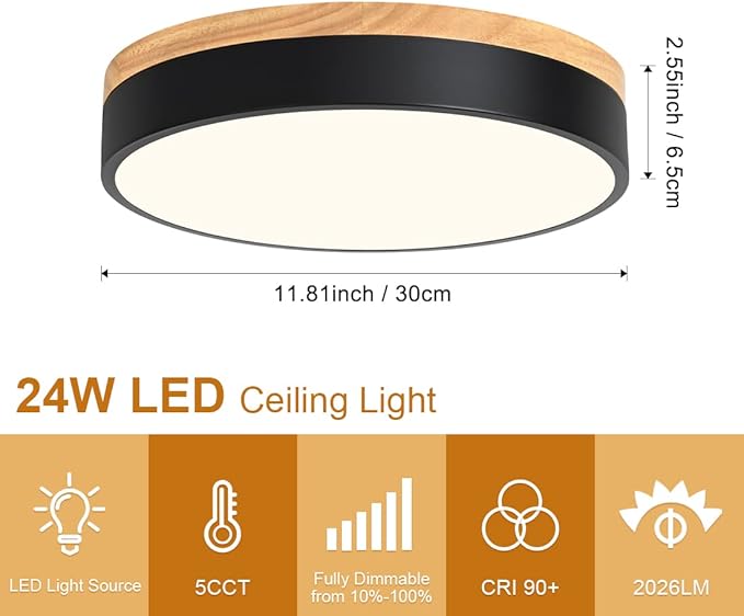 Dimmable Modern Wood Ceiling Light, Black LED 5CCT 2700K-6000K Flush Mount Ceiling Lighting Fixture, Round Light Fixtures for Kitchen Entryway Hallway Bedroom Laundry Room-11.8in